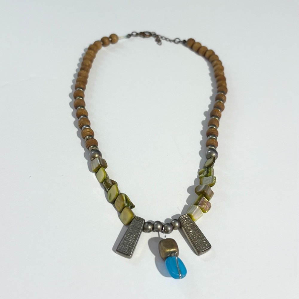 Artisan Multicolor Shell And Wood Bead Blue Glass Pendant Necklace